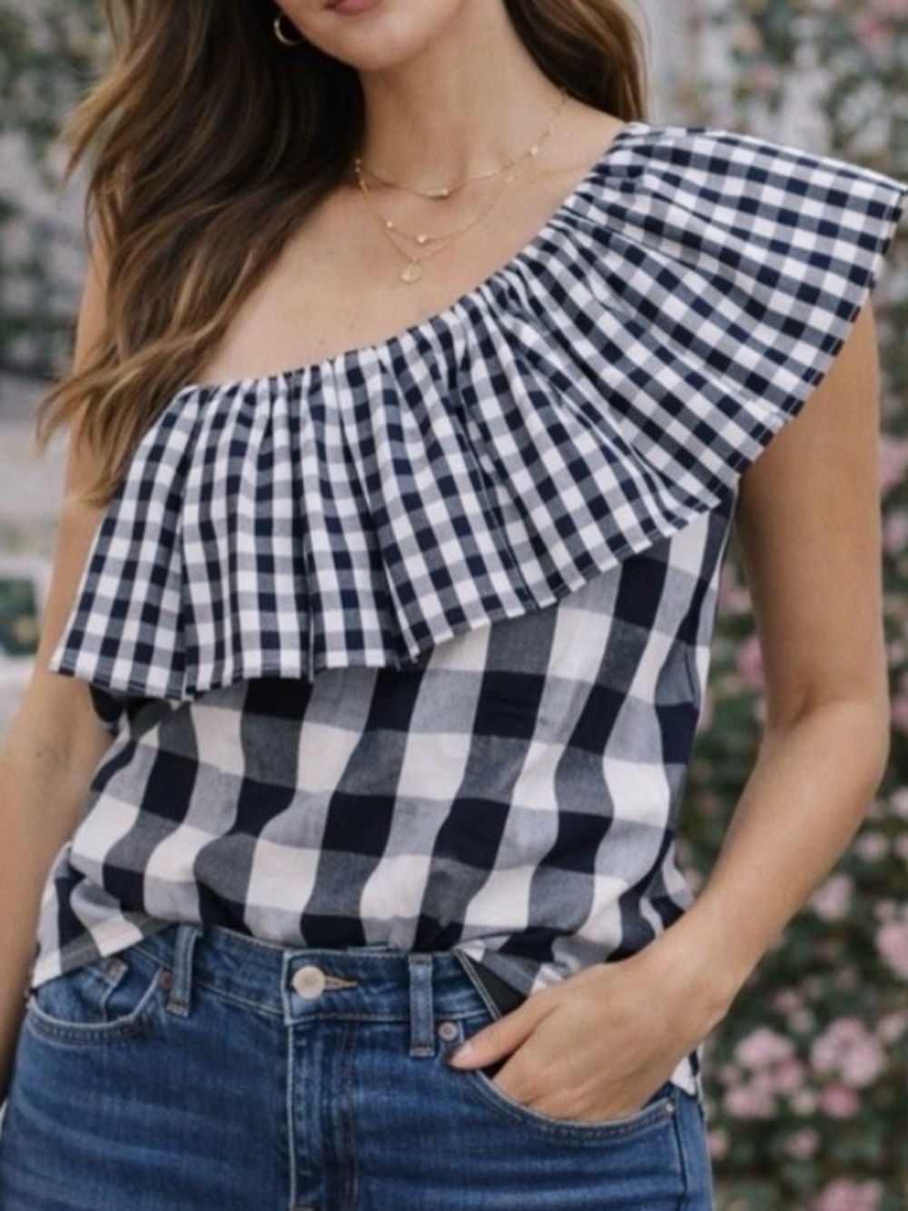 NWT J. Crew Gingham One Shoulder Blouse